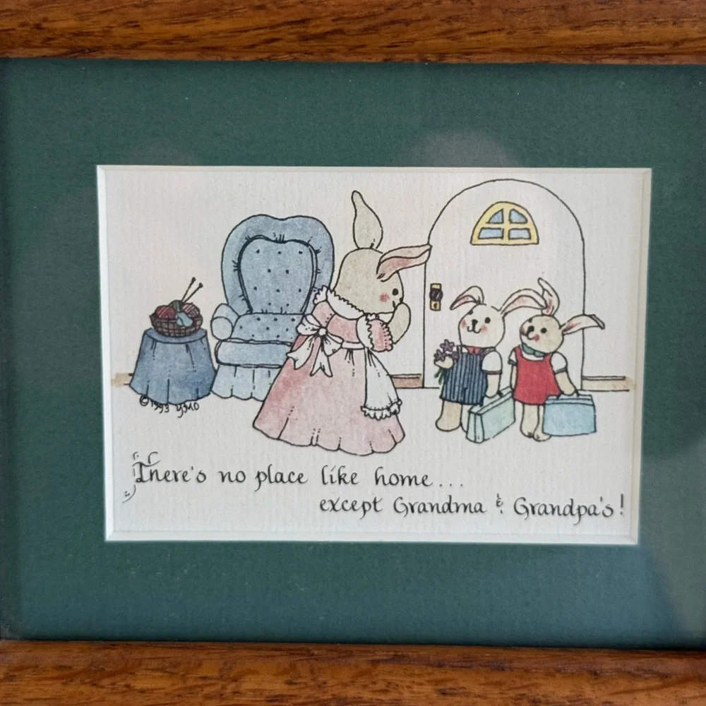 Vintage Yours Mine Ours Framed Bunny Print Message To Grandma And Grandpa